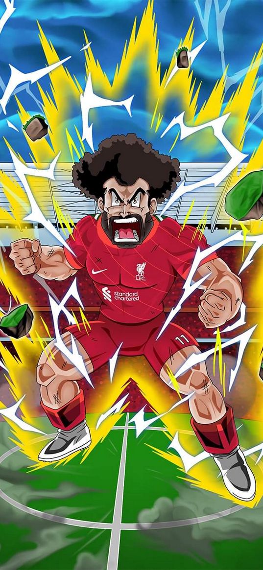 mohamed salah, soccer player, soccer, stadium, dragon ball, anime, art