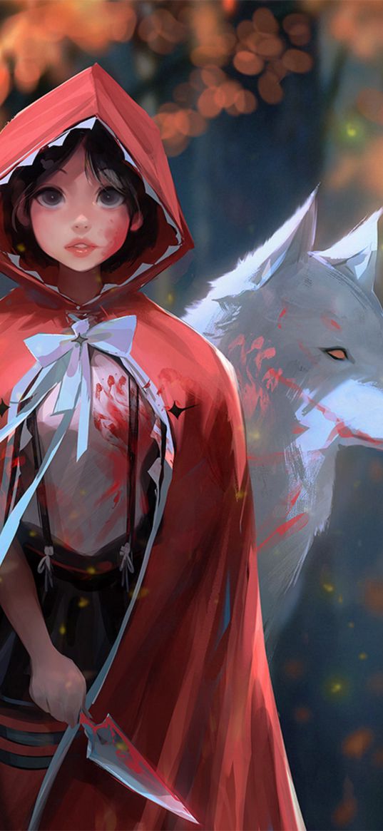 little red riding hood, fairy tale, girl, cloak, dagger, wolf, anime, art