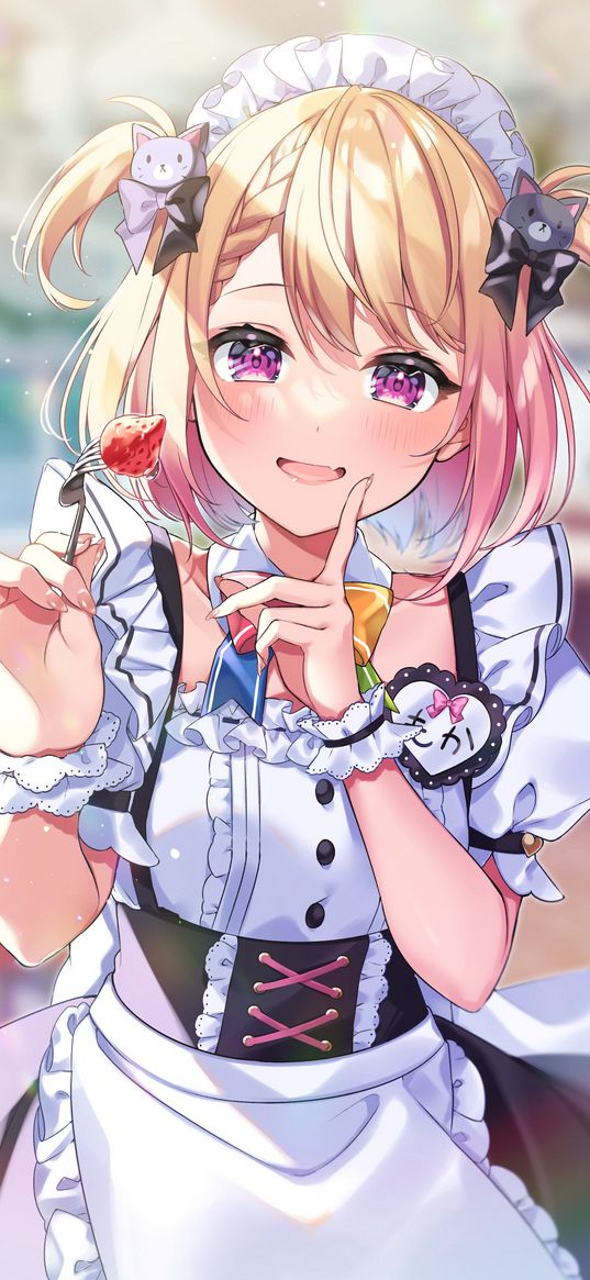 maid, girl, blonde, pink eyes, fork, strawberry, cute, anime, art