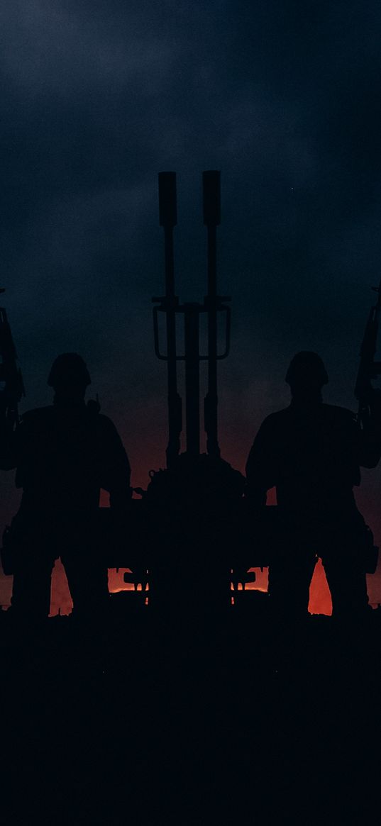 soldiers, military, silhouette, cannon, sunset, clouds, cloudy