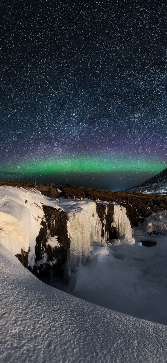 waterfall, ice, glacier, mountains, northern lights, starry sky, stars, nature