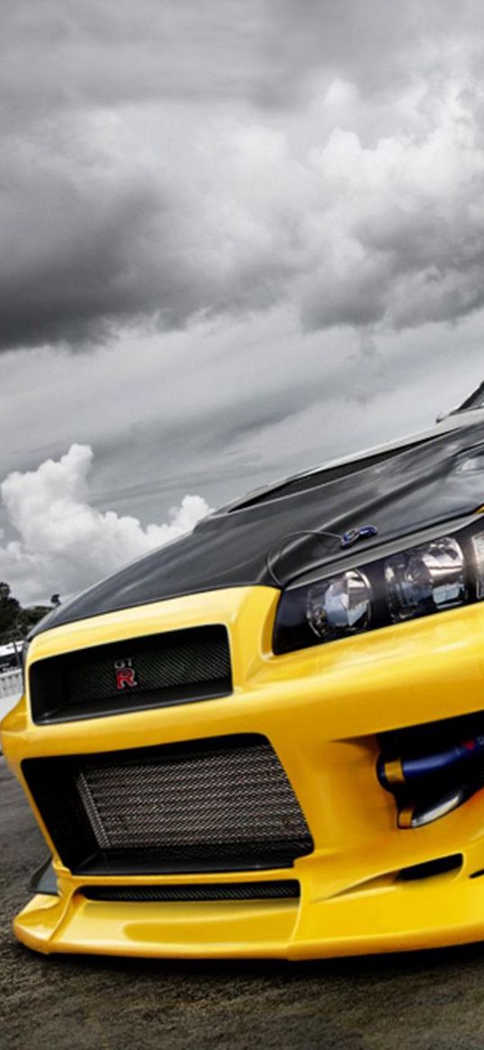 nissan gtr, nissan, sports car, car, yellow, clouds, cloudy