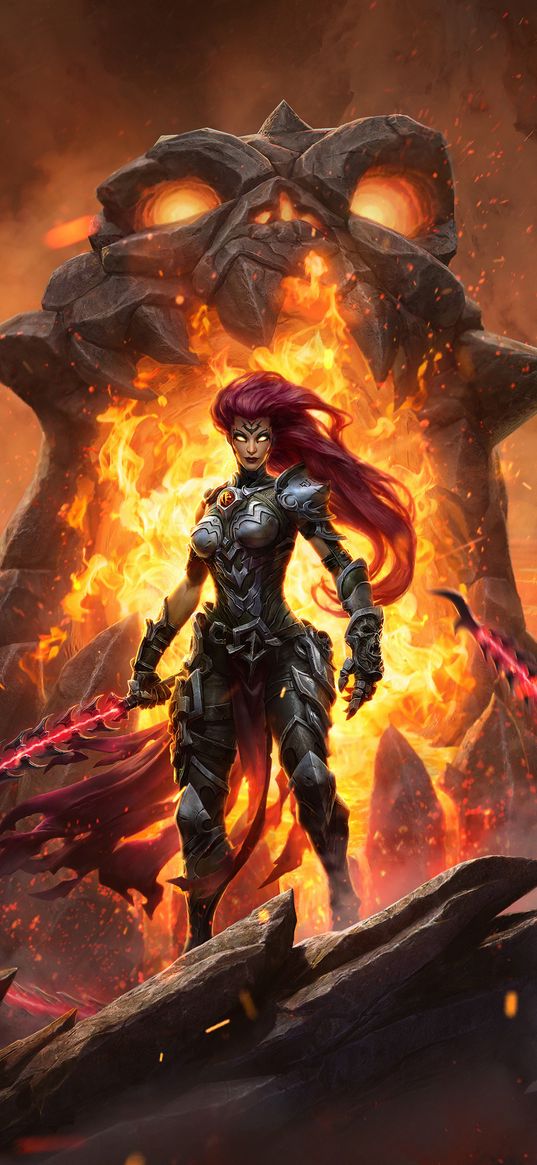 fury, darksiders, game, girl, heads, fire, lava, art