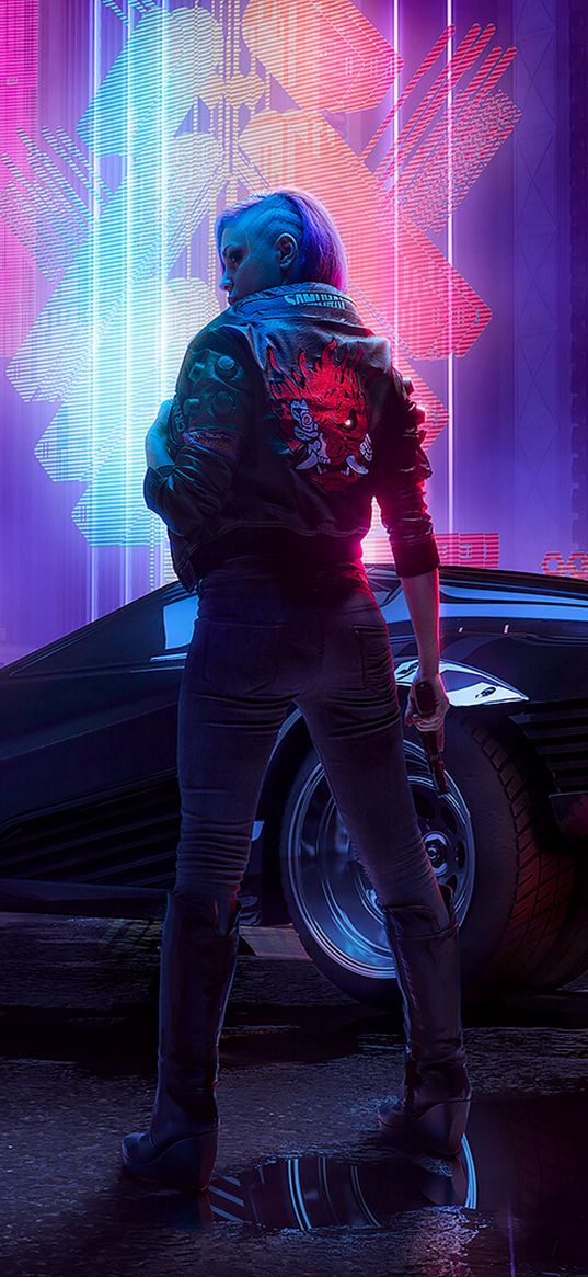 cyberpunk 2077, game, girl, weapon, car, neon