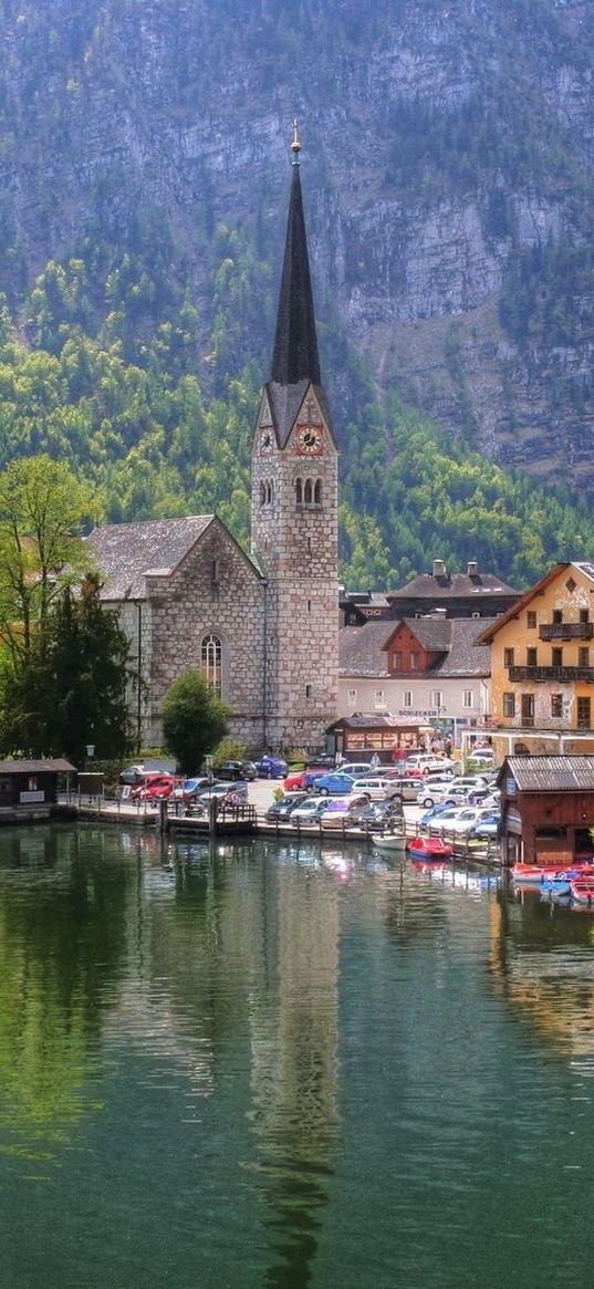 austria, lake, homes, church, city