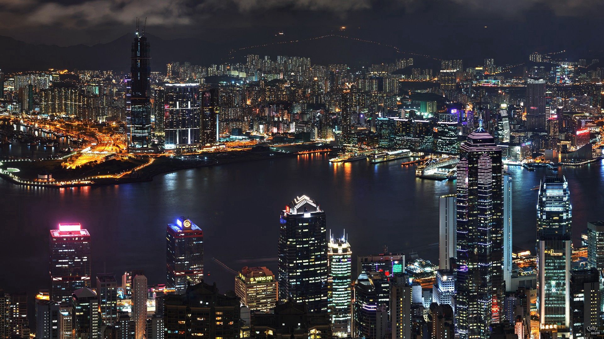 asia, skyscrapers, river, top view, night, lights city