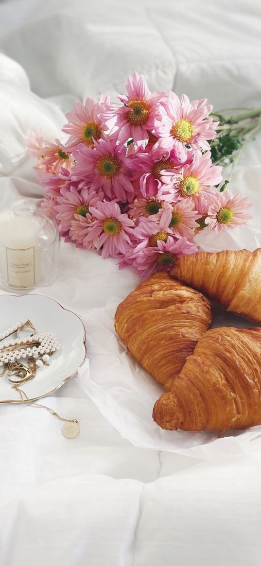 croissants, flowers, jewelry, aesthetics