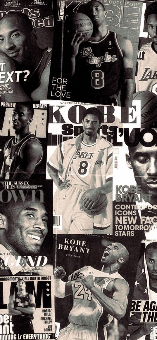 kobe bryant, basketball player, basketball, athlete, magazines, covers, collage, black and white