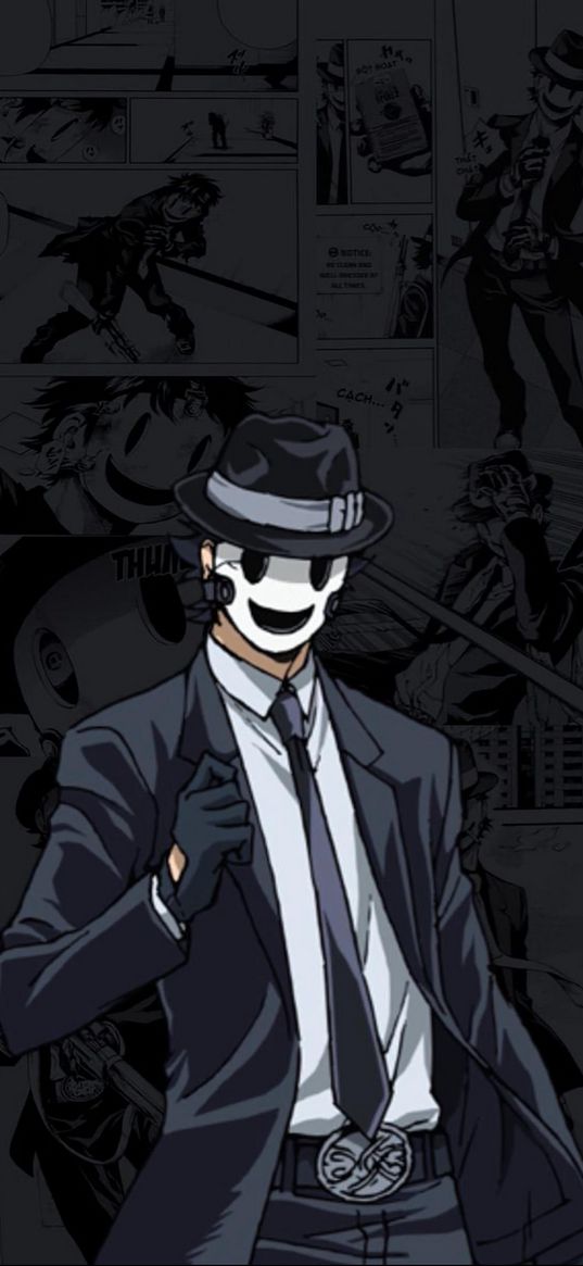 sniper mask, tenkuu shinpan, anime, man, mask, business suit, jacket, tie, comic, manga, art