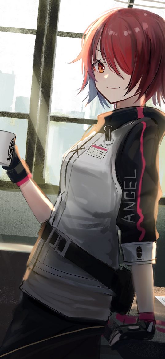 exusiai, arknights, game, anime, girl, halo, wings, cup, window, smile, sweetheart, art