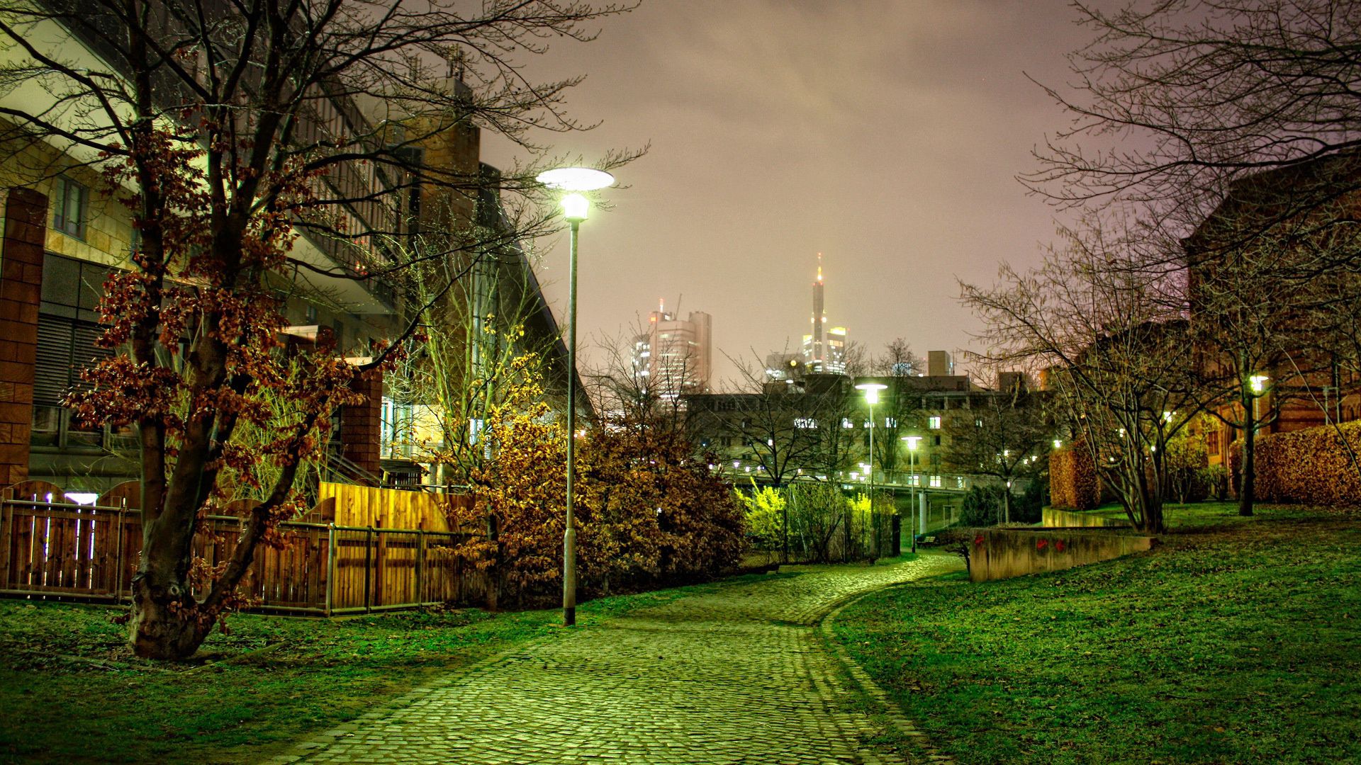 walkway, trees, landscape, night street, hdr