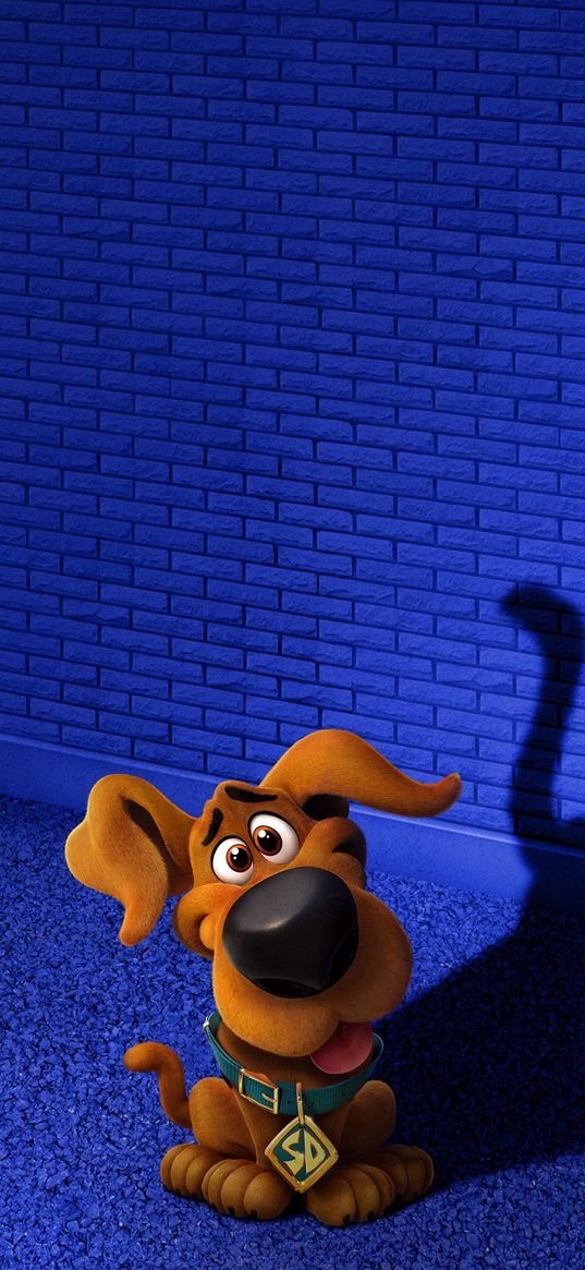 scooby-doo, cartoon, puppy, cute, brick wall, blue background, art