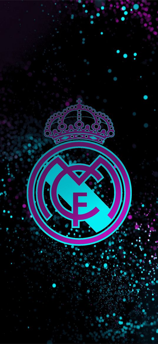 real madrid, football club, soccer, logo, turquoise, purple, black background