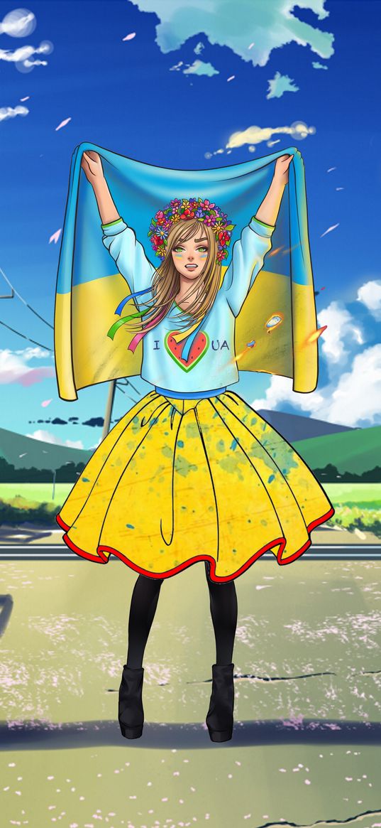 girl, wreath, flag, railway, i love ukraine, ukraine, art