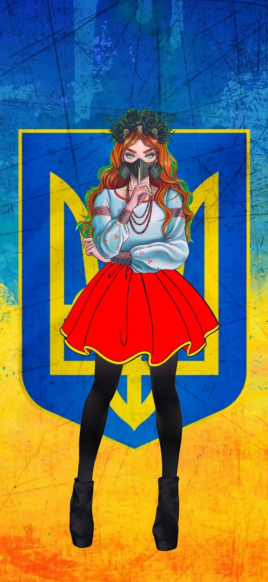 girl, respirator, skirt, wreath, coat of arms, ukraine, art