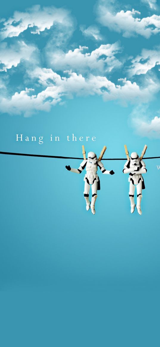 stormtroopers, star wars, movie, clothespins, clouds, sky, text, inscription, hang in there whatever