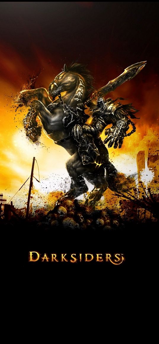 darksiders, game, rider, warrior, horse, armor, sword, skulls, post-apocalypse, poster, art