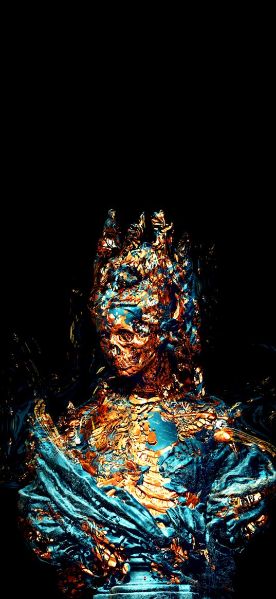 statue, queen, skull, paints, gold, blue, black background, digital art