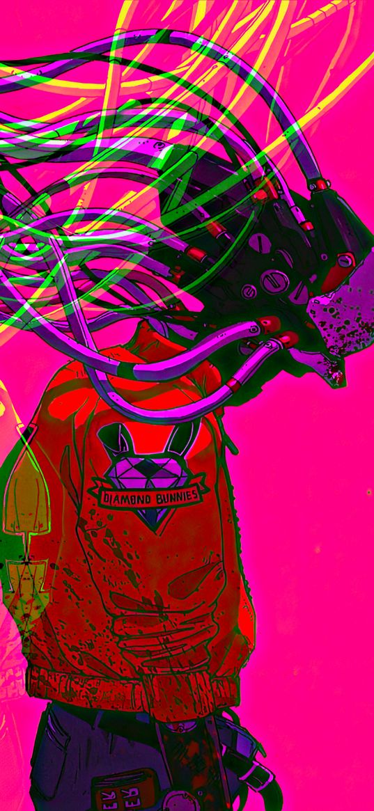 man, mask, helmet, wires, cyberpunk, pink background, digital art