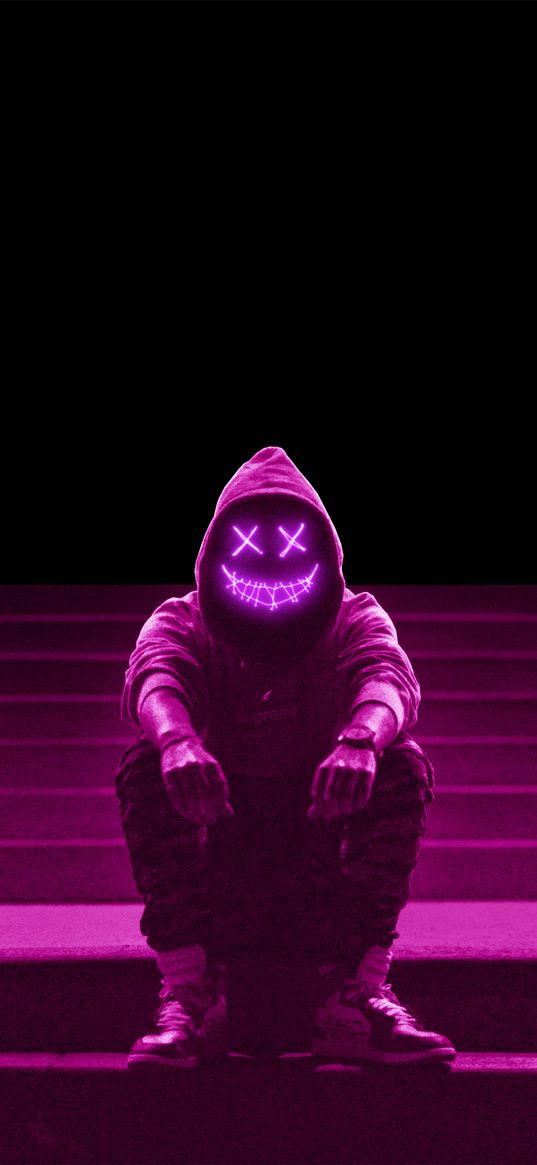 man, mask, neon, hacker, anonymous, hood, ladder, glow, pink