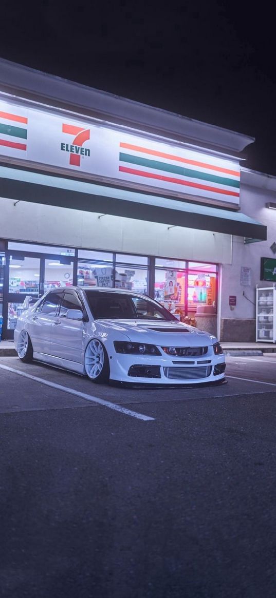 mitsubishi lancer, evolution, mitsubishi, sports car, car, white, tuning, parking, shop, night