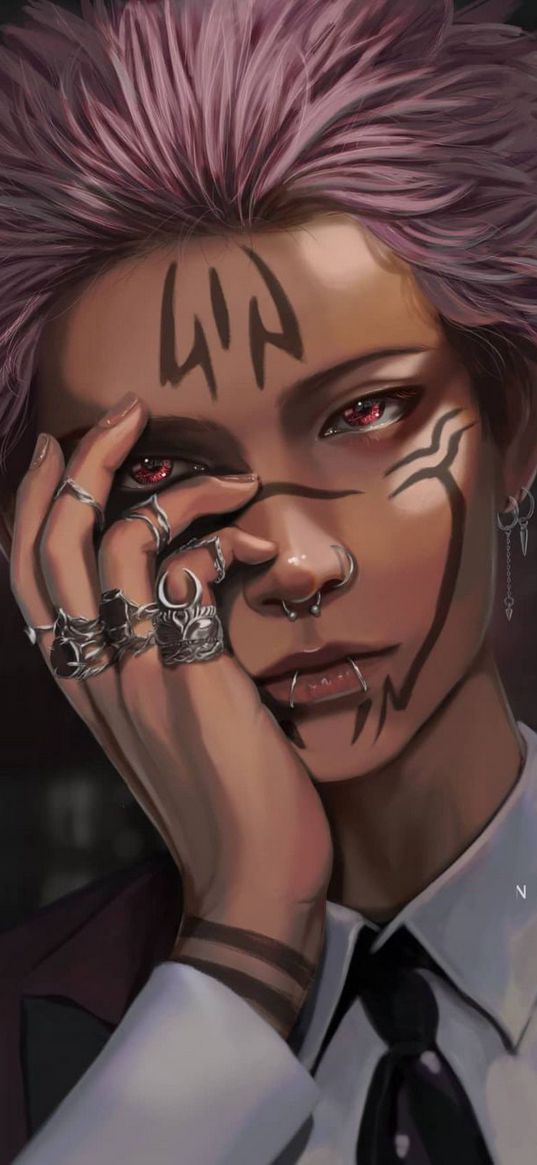 ryomen sukuna, jujutsu kaisen, anime, guy, pink hair, tattoo, rings, piercing, art