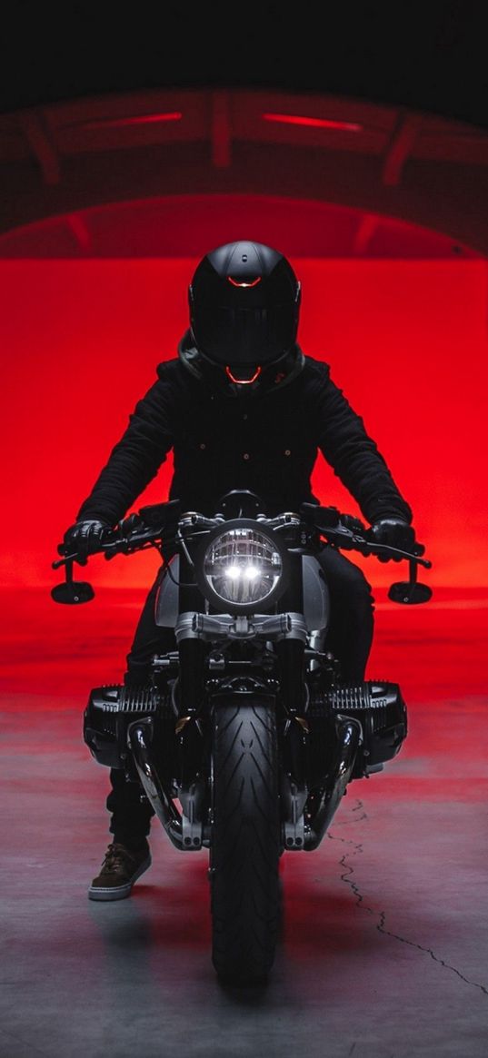 motorcycle, bike, biker, motorcyclist, helmet, tunnel, black, red light