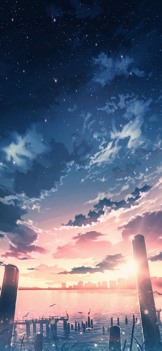 lake, pillars, seagulls, city, sunset, clouds, stars, sky, evening, anime, art