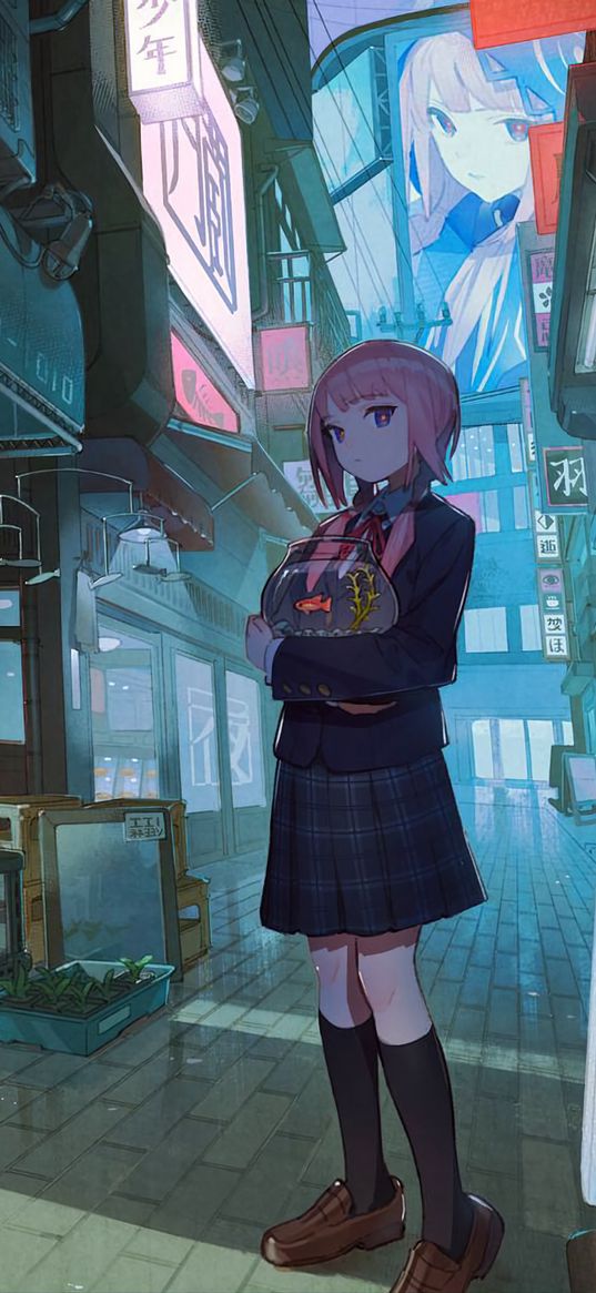 girl, anime, art, school uniform, aquarium, street, fish