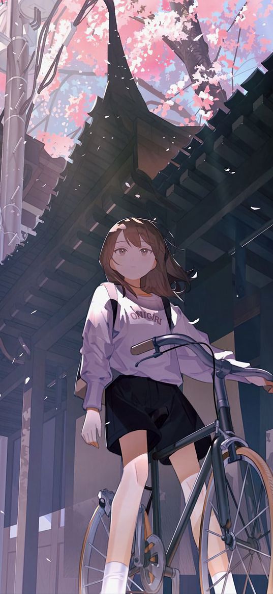 girl, anime, art, backpack, bike, house, sakura, japan