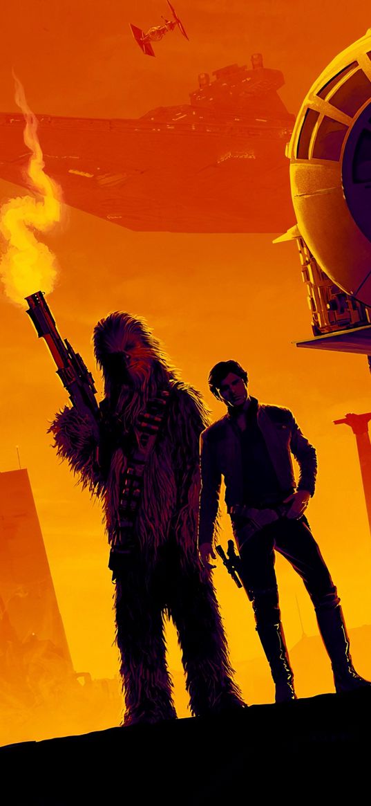 chewbacca, han solo, star wars, movie, weapons, orange background