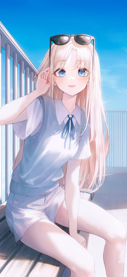 blonde, girl, blue eyes, shorts, glasses, cute, bench, summer, anime, art