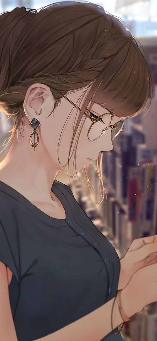 girl, glasses, book, library, anime, art