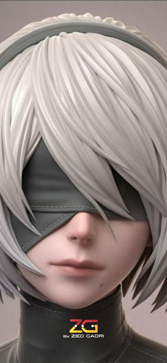 2b, nier automata, game, girl, headband, gray hair, anime, art