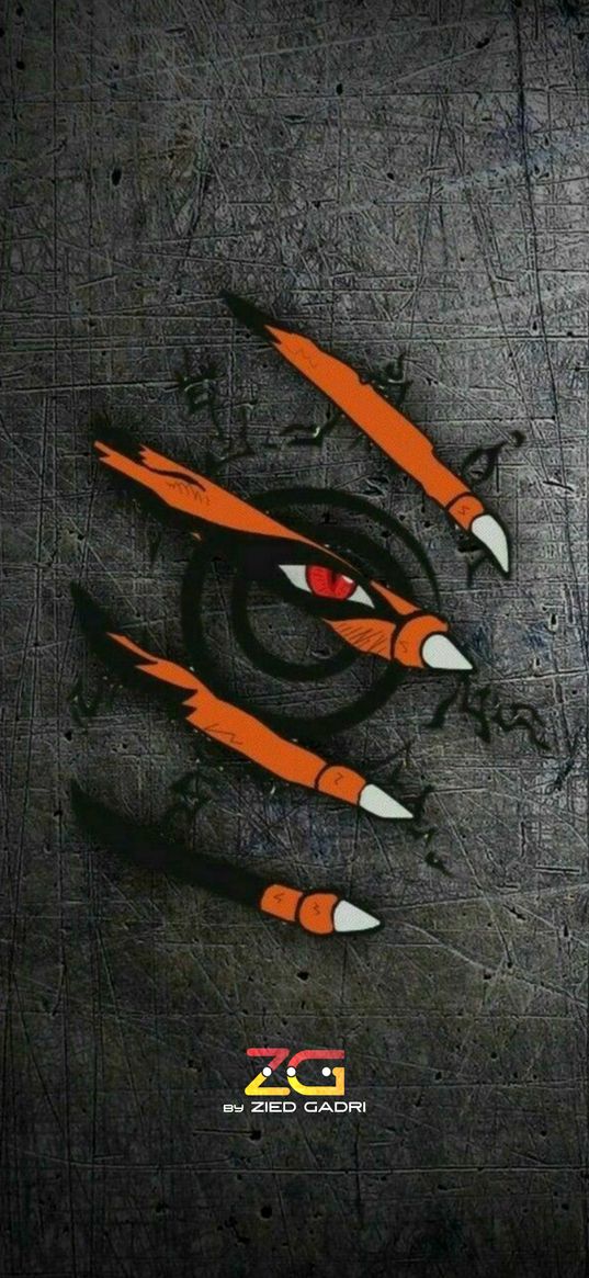 kurama, naruto, anime, eye, claws, symbol, wall, art