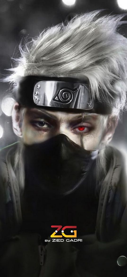 kakashi, naruto, anime, ninja, guy, mask, red eye, art