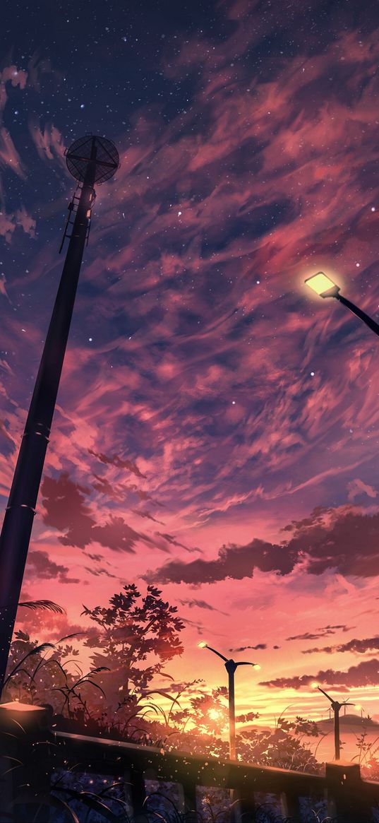 street, lights, tower, clouds, sunset, evening, sky, anime, art