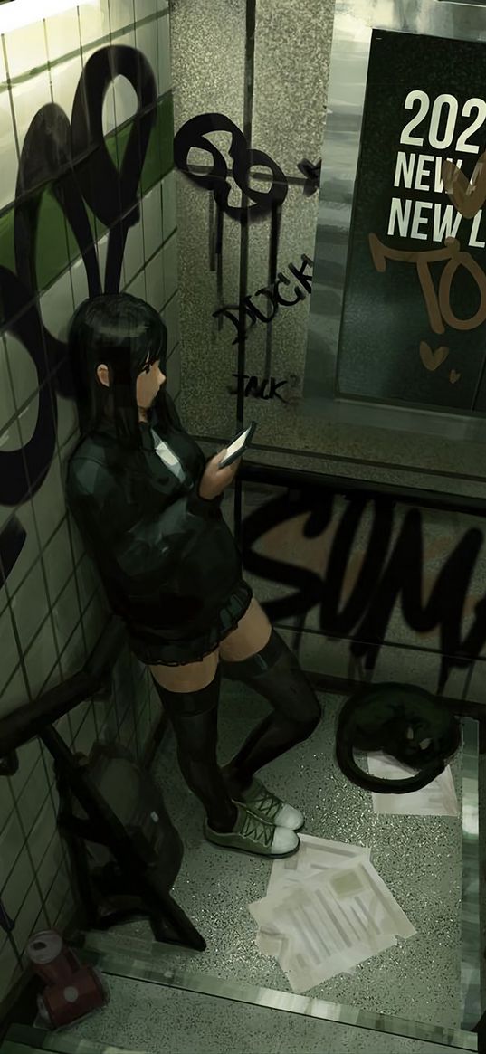 girl, entrance, stairs, loneliness, graffiti, anime, art