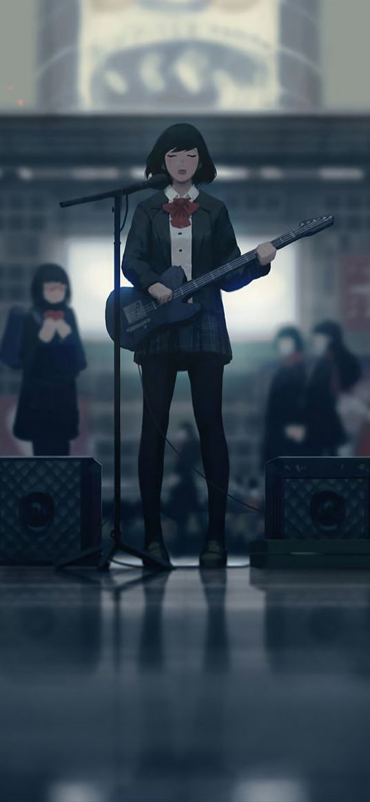 girl, singer, microphone, guitar, speakers, sings, stage, people, anime, art