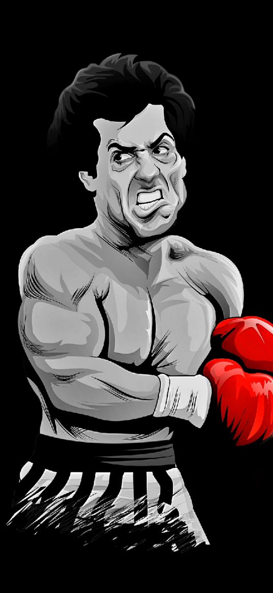 rocky balboa, sylvester stallone, boxer, boxing, black and white, red gloves, art