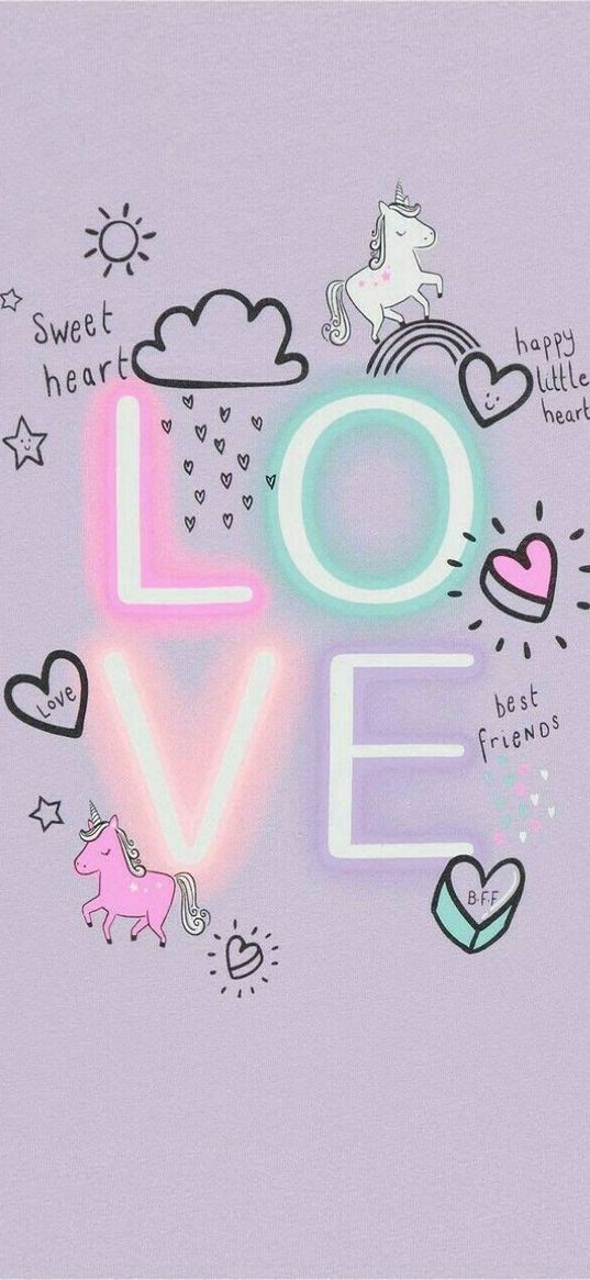 love, hearts, unicorns, purple background