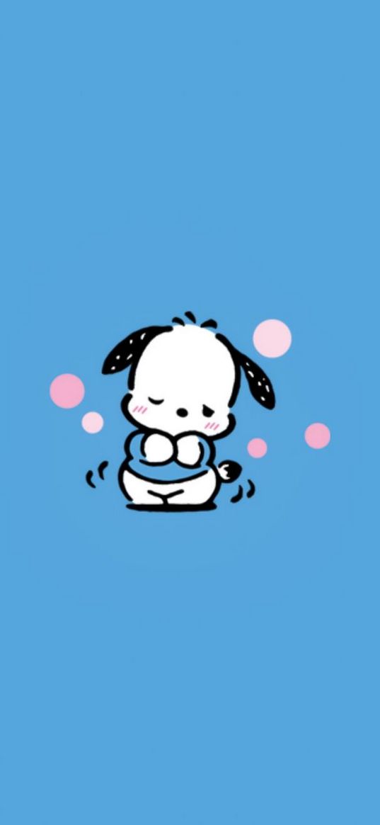 pochacco, hello kitty, puppy, bubbles, blue background