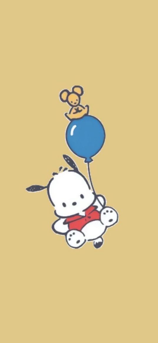 pochacco, hello kitty, puppy, balloon, brown background