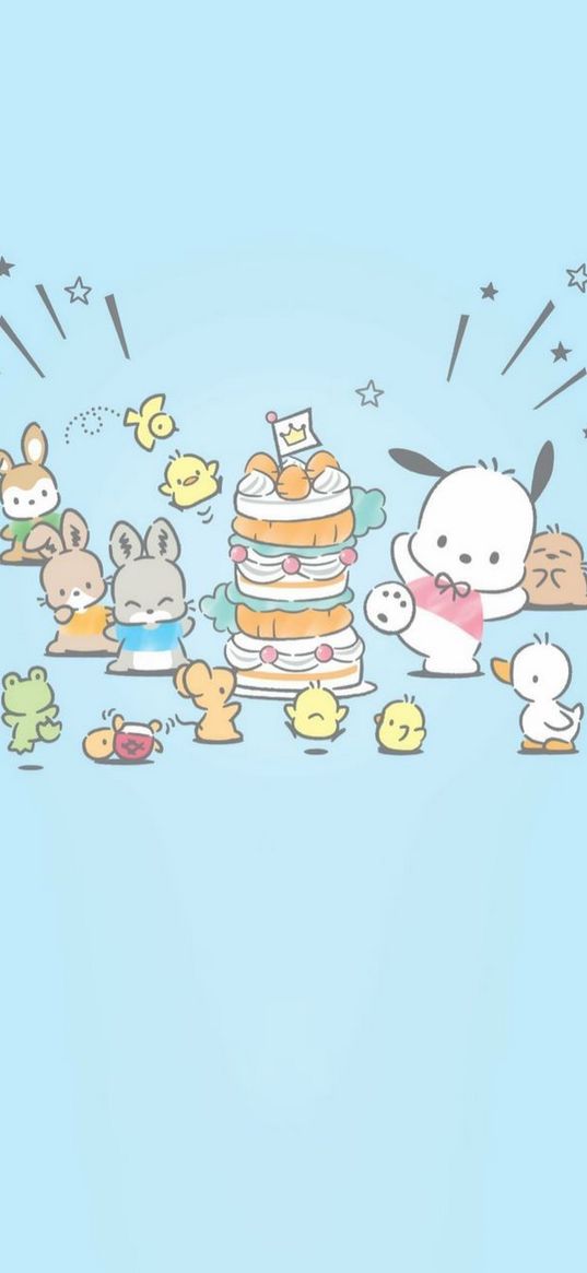 pochacco, hello kitty, puppy, animals, cake, holiday, blue background