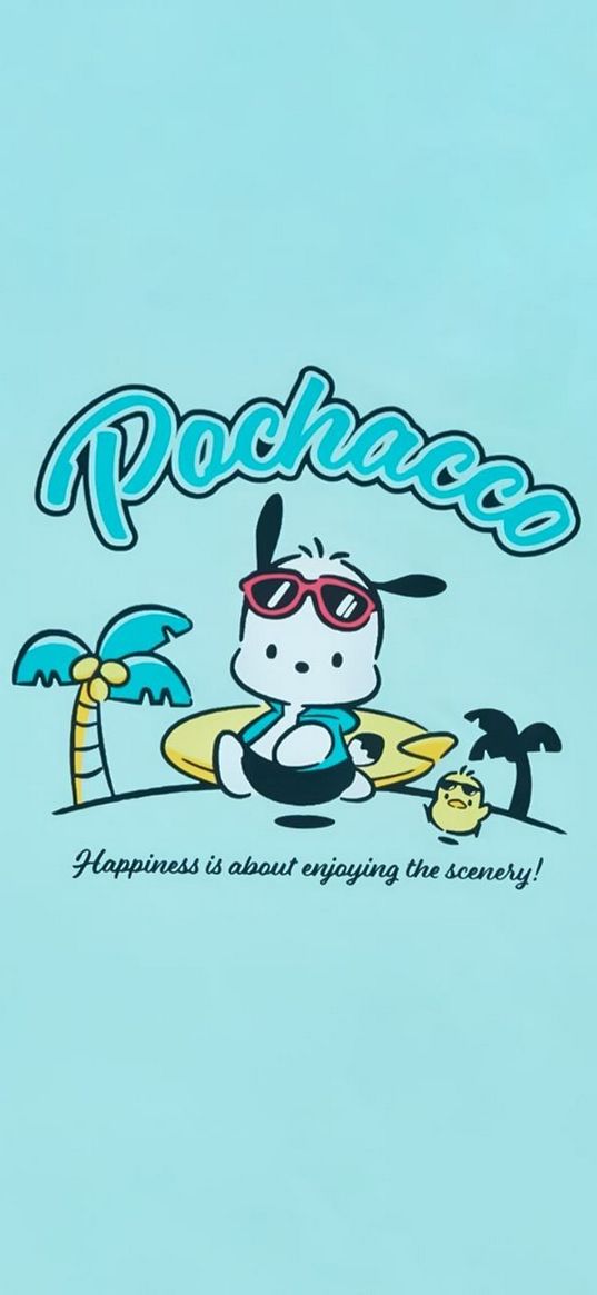 pochacco, hello kitty, puppy, duckling, palm trees, resort, blue background