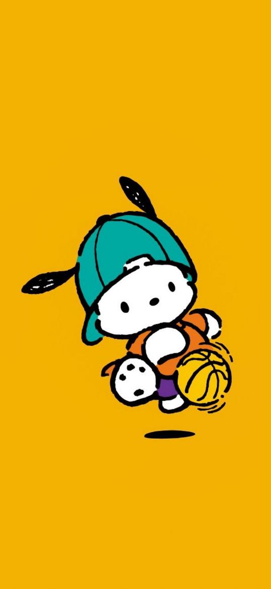 pochacco, hello kitty, puppy, cap, ball, basketball, orange background