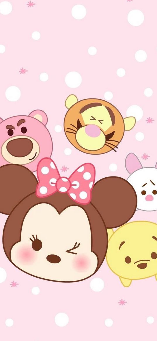 minnie mouse, winnie the pooh, cartoon, disney, characters, animals, pink background, art