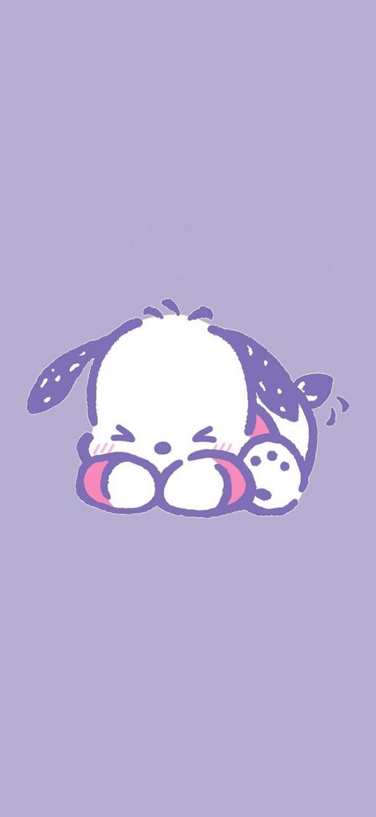 pochacco, hello kitty, puppy, scared, purple background