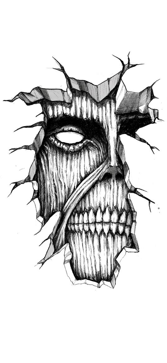 titan, attack on titan, anime, monster, head, skull, scary, wall, crack, black and white, art