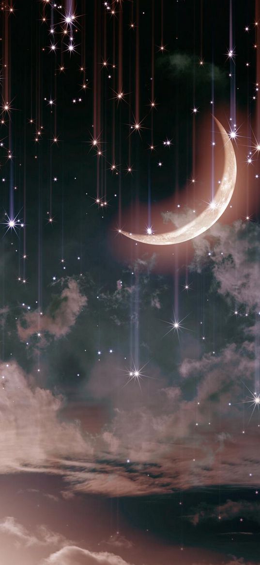 moon, crescent moon, shooting stars, clouds, night